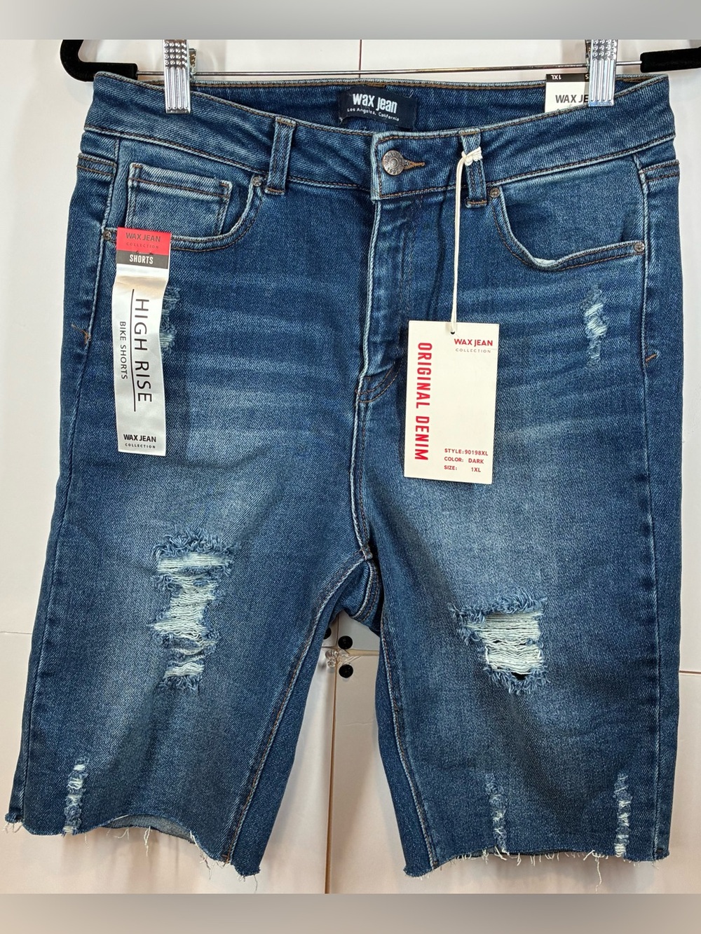 WAX JEAN High Rise Distressed Denim Biker Shorts Size 1XL Stretch NWT